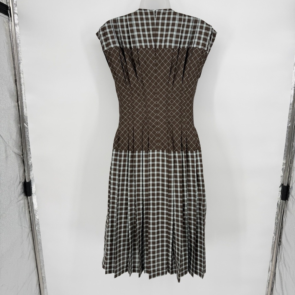 Tory Burch Sz 4‎ Plaid 100% Silk V Neck Claire McCardell Pleated Midi Dress - Picture 3 of 10